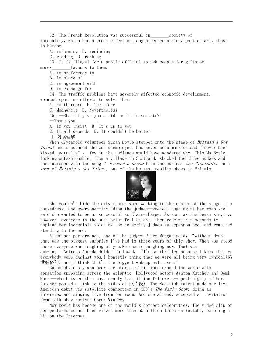 【江西专用】届高考英语一轮复习 课时作业十七 Unit 2 Working the land 新人教版必修4_第2页
