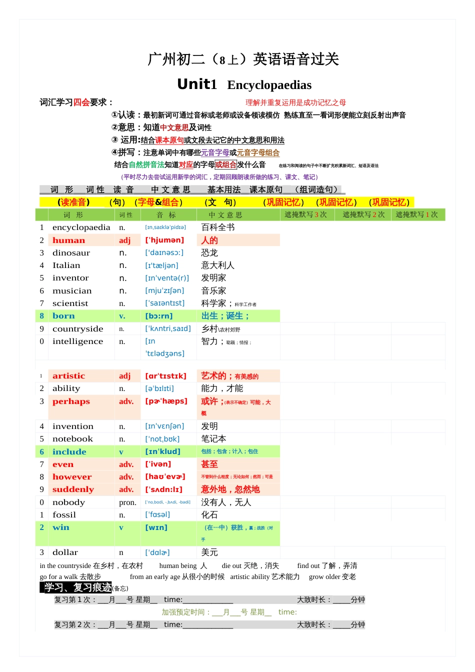 广州英语单词含音标初二8年级上沪教广深版[共9页]_第1页