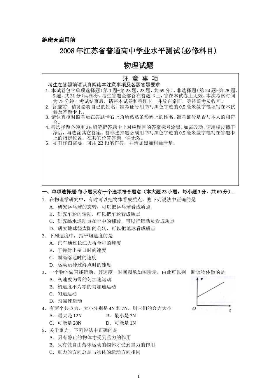 江苏省学业水平测试物理试卷_第1页