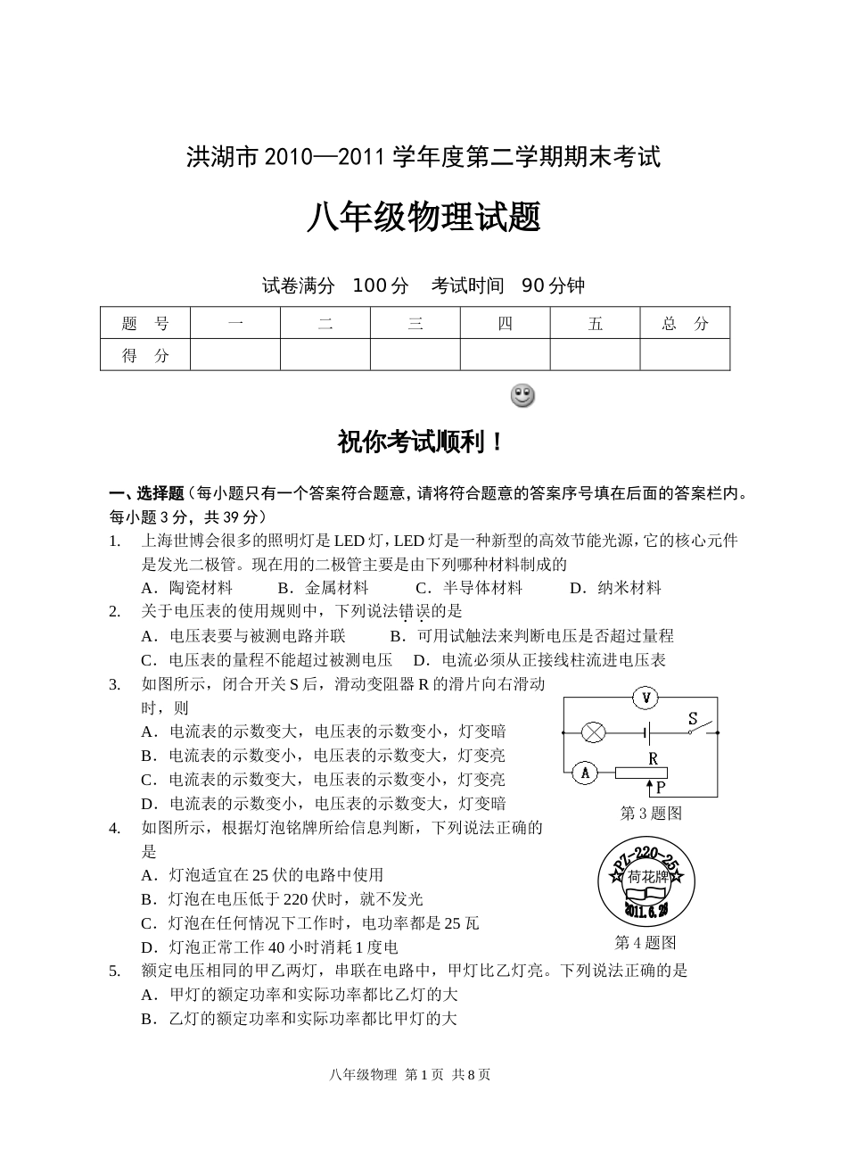 20102011学年度第二学期八物试题及答案_第1页