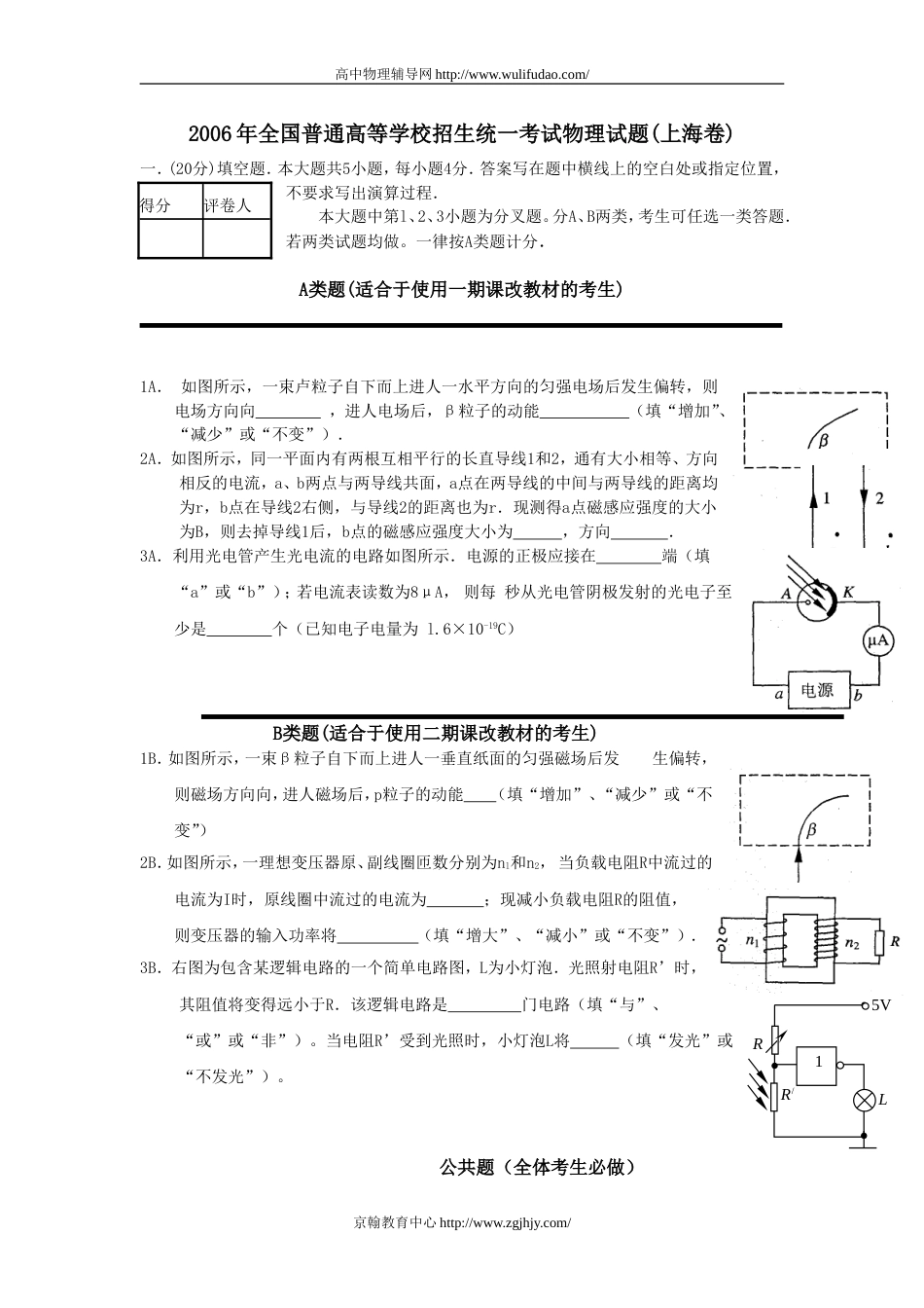 上海高考物理试题及答案_第1页