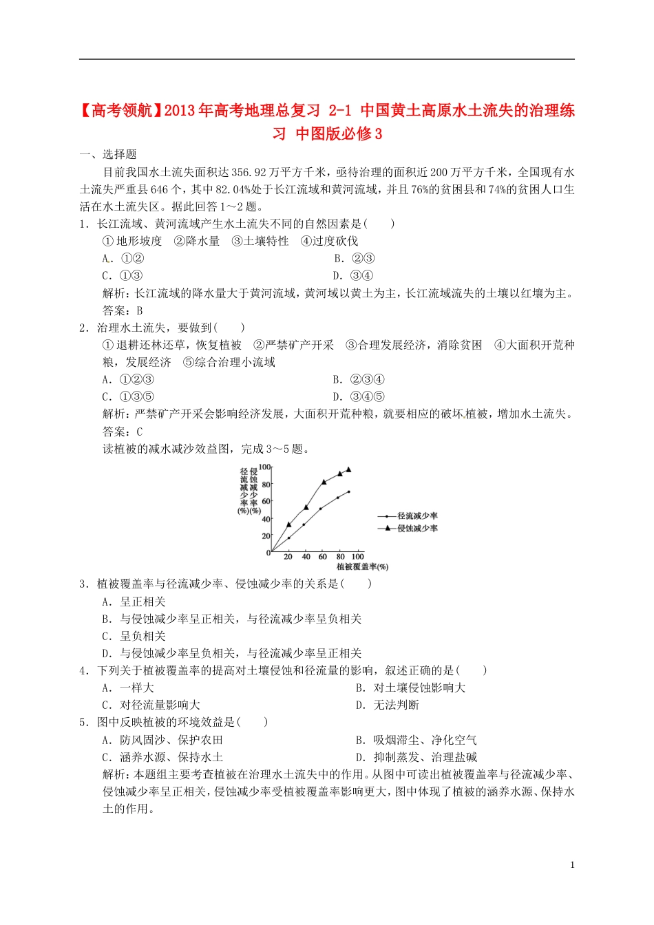 【高考领航】年高考地理总复习 21 中国黄土高原水土流失的治理练习 中图版必修3_第1页