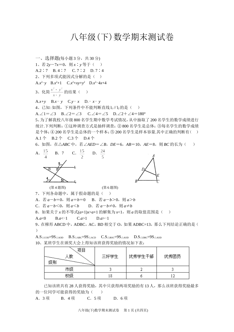 八年级下数学期末测试卷2[共4页]_第1页
