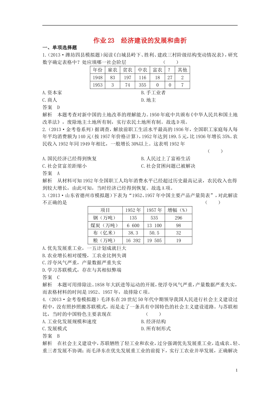 【高考调研】高考历史总复习 课时作业23 经济建设的发展和曲折 新人教版_第1页