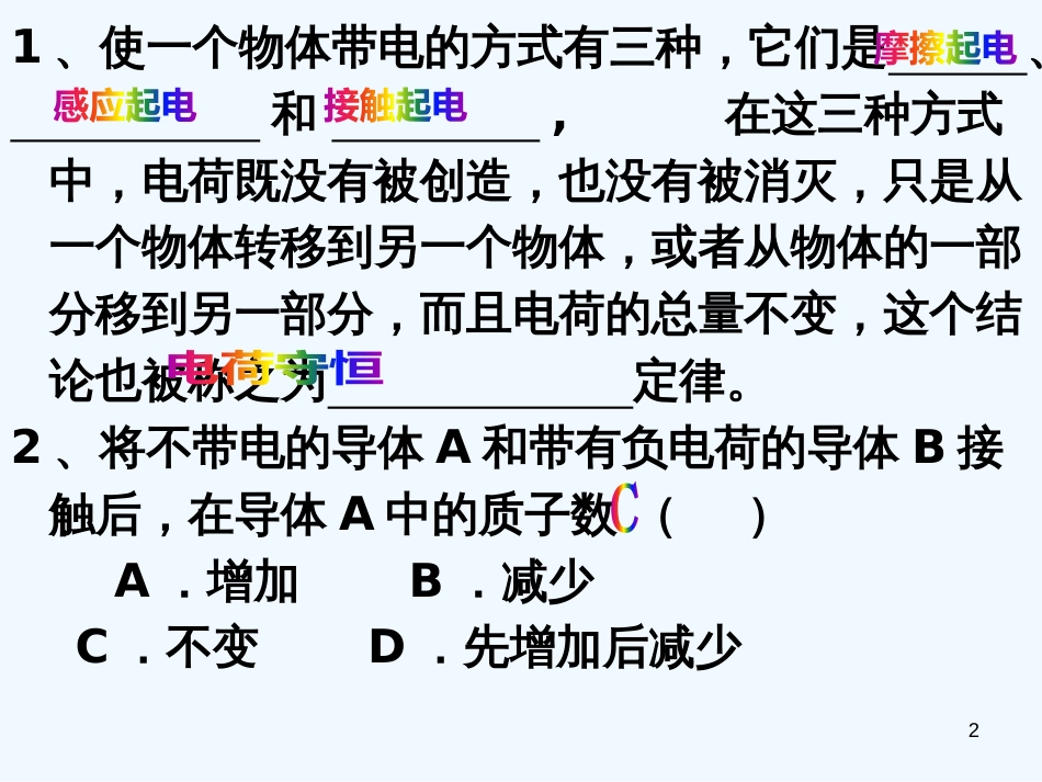 高二物理 第一章第一节电荷机电和守恒定律习题课件 新课标人教版_第2页