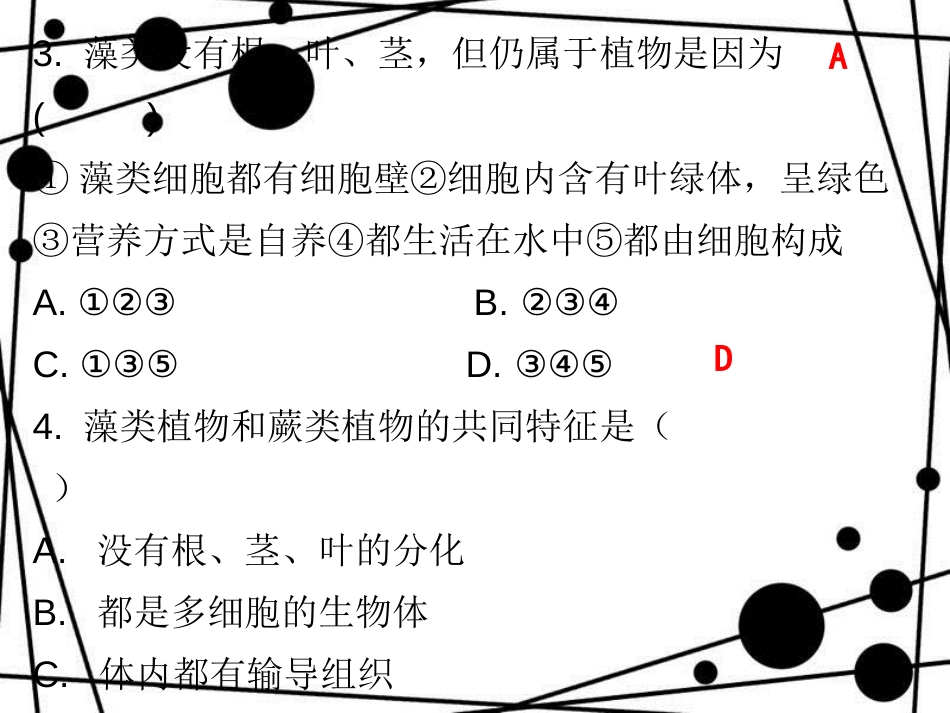 七年级生物上册 第三单元 第一章 第一节 藻类、苔藓和蕨类植物课堂十分钟课件 （新版）新人教版_第3页