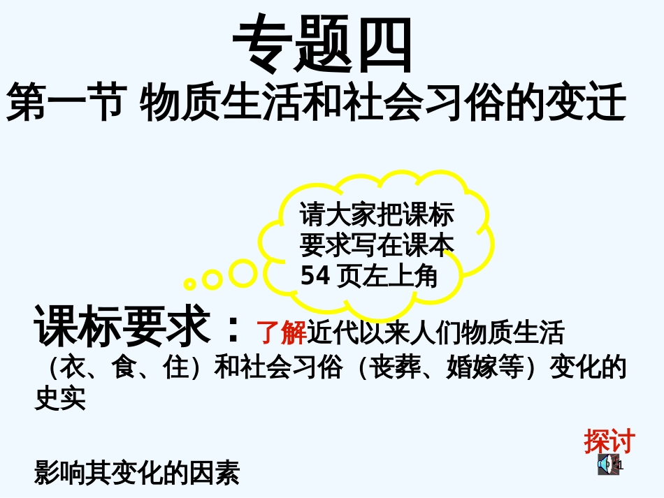 高中历史 专题四 物质生活和社会习俗的变化课件 人民版必修2_第1页