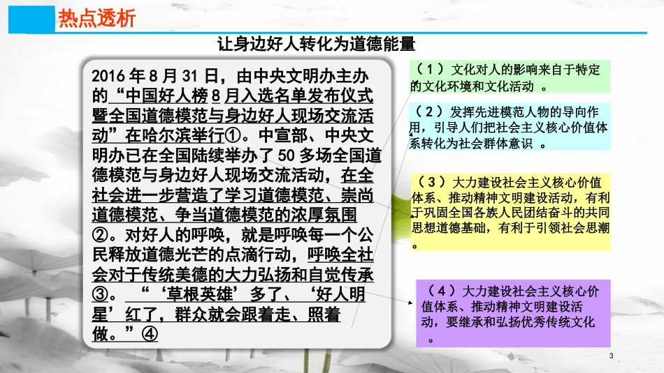 高考政治第十二单元发展先进文化课时3文化建设的中心环节热点突破让身边好人转化为道德能量课件新人教版必修3_第2页