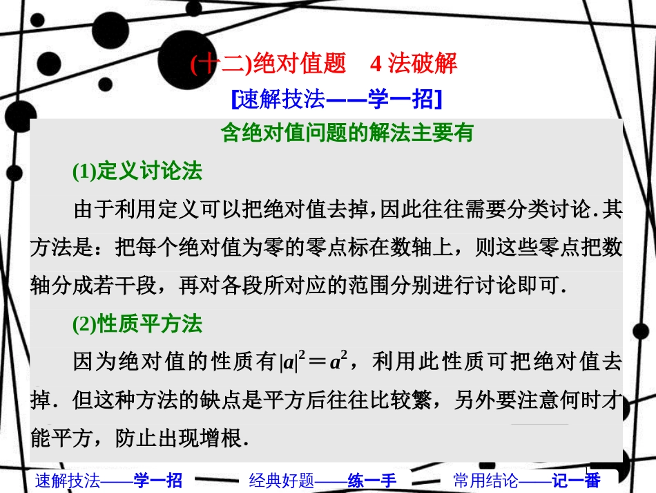 高考数学二轮复习 第一部分 板块（二）系统热门考点——以点带面（十二）绝对值题 4法破解课件 文_第1页