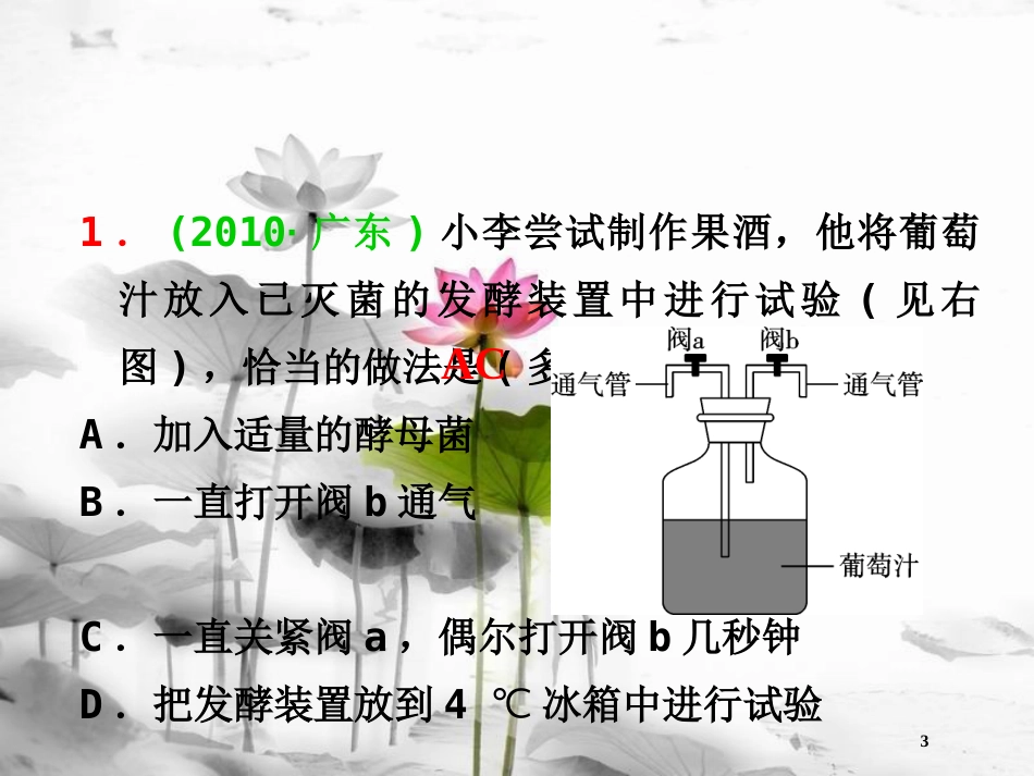 （山西专用）高三生物一轮复习 第33讲 传统发酵技术的应用课件 新人教版选修1_第3页
