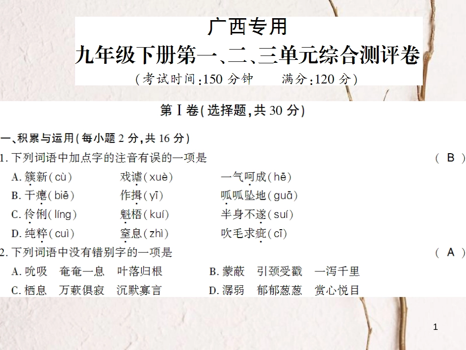 广西北部湾九年级语文下册 第1-3单元检测试习题课件 （新版）新人教版_第1页