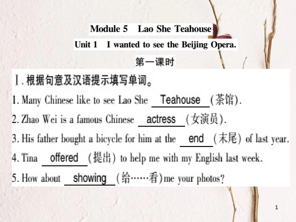 广西北部湾八年级英语上册 Module 5 Lao She Teahouse Unit 1 I wanted to see the Beijing Opera习题课件 （新版）外研版_第1页