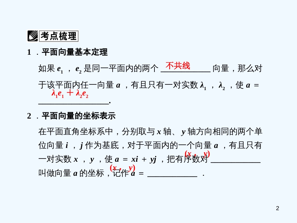 （广东专用）高考数学总复习 第四章第二节 平面向量的基本定理及坐标运算课件 理_第2页