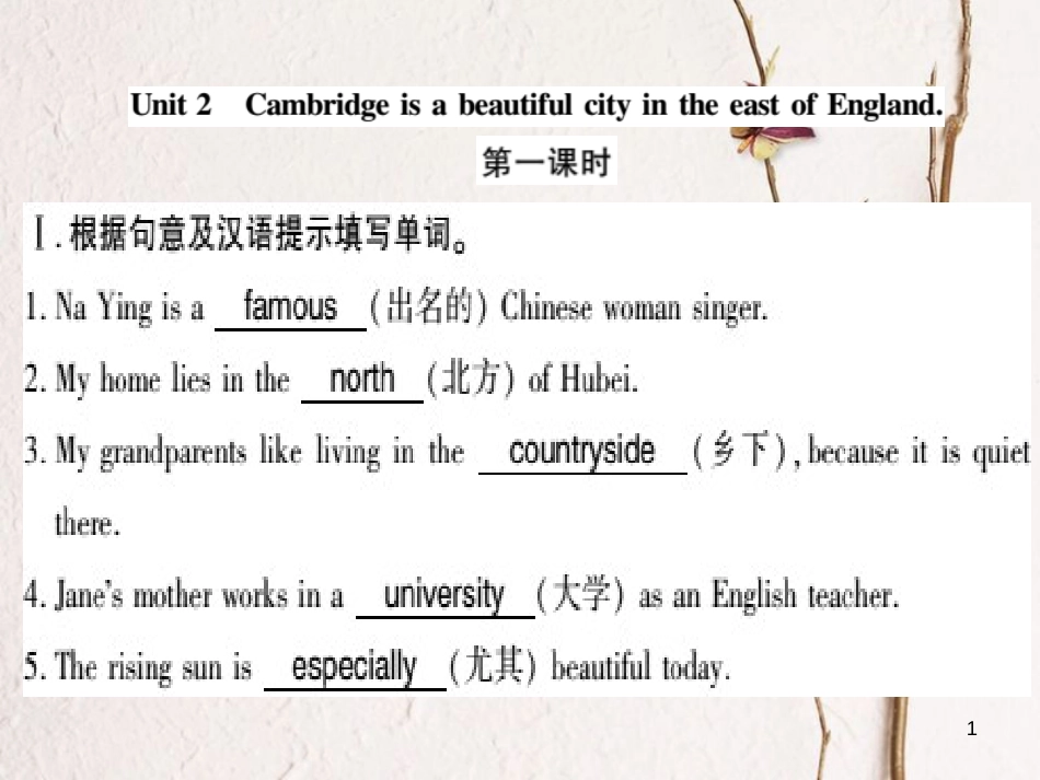 广西北部湾八年级英语上册 Module 2 My home town and my country Unit 2 Cambridge is a beautiful city in the east of England习题课件 （新版）外研版_第1页