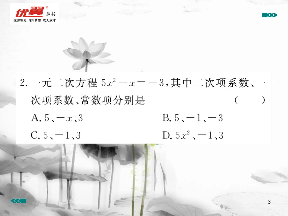 （河南专用）九年级数学上册2.1认识一元二次方程第1课时一元二次方程作业课件（新版）北师大版_第3页