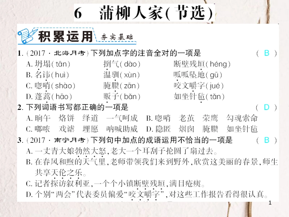 广西北部湾九年级语文下册 第二单元 6 蒲柳人家（节选）习题课件 （新版）新人教版_第1页