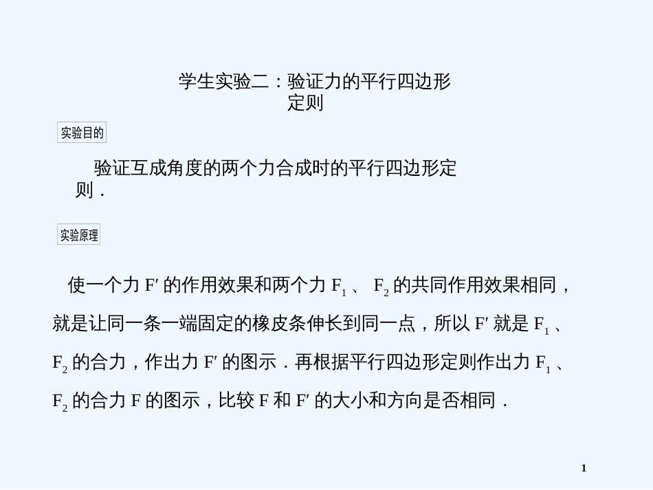 高中物理 学生实验二：验证力的平行四边形定则课件 新人教版必修1_第1页