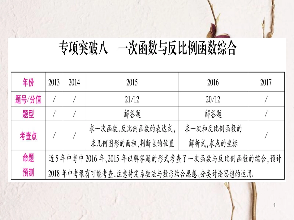 （安徽专版）中考数学总复习第二轮中档题突破专项突破8一次函数与反比例函数综合课件_第1页