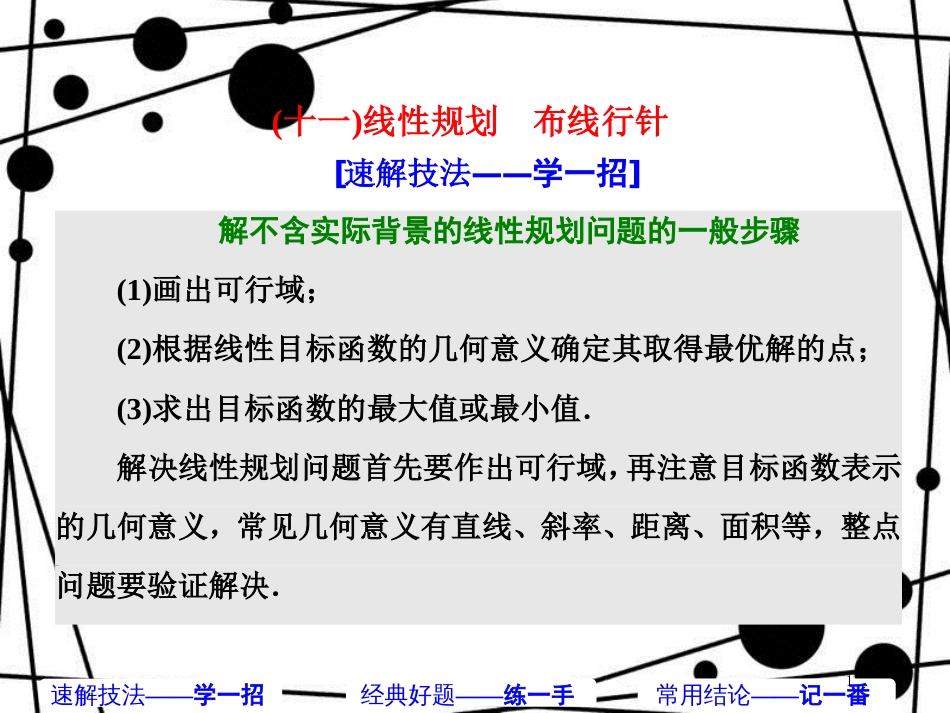 高考数学二轮复习 第二部分 板块（二）（十一）线性规划 布线行针课件 理_第1页