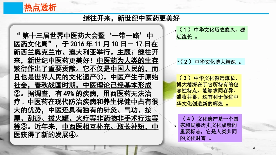 高考政治第十一单元中华文化与民族精神课时1我们的中华文化热点突破继往开来，新世纪中医药更美好课件新人教版必修3_第2页