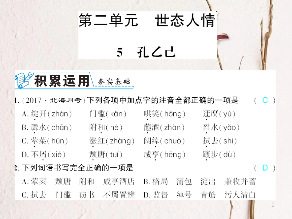 广西北部湾九年级语文下册 第二单元 5 孔乙己习题课件 （新版）新人教版_第1页