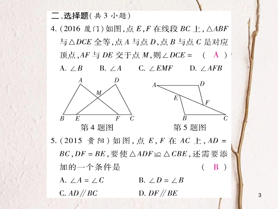 云南省中考数学总复习 第四章 三角形 4.4 全等三角形课件_第3页