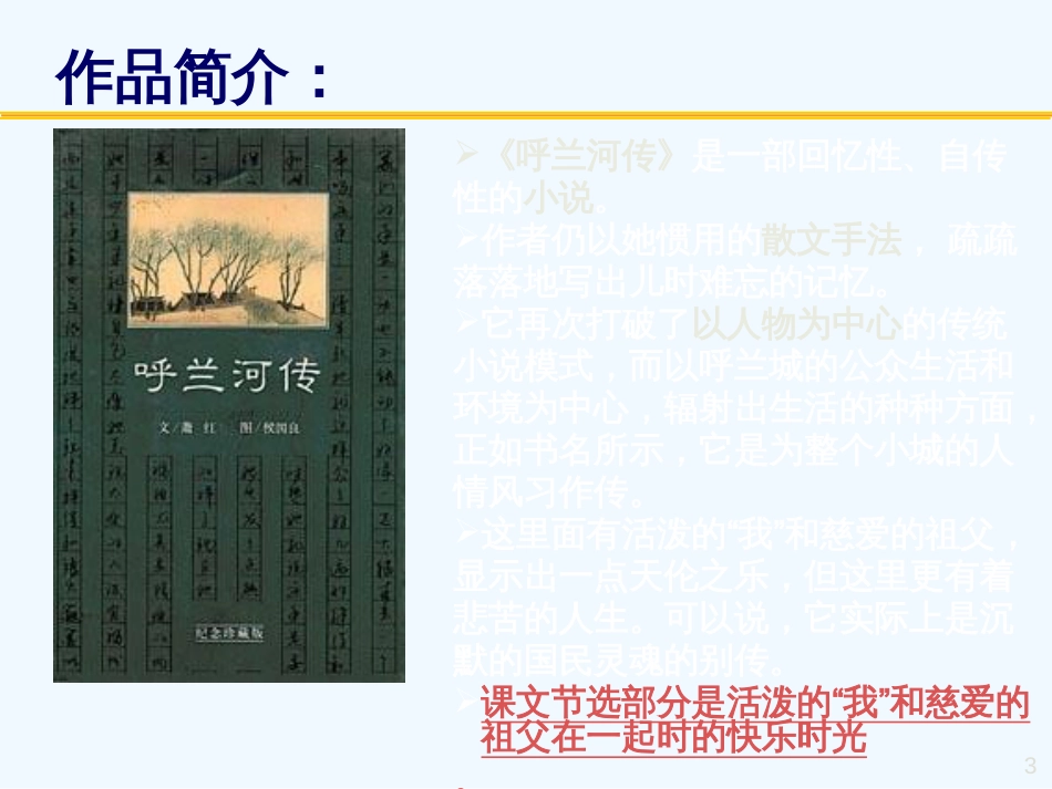 黑龙江省绥化市第九中学九年级语文下册《呼兰河传》课件 苏教版_第3页