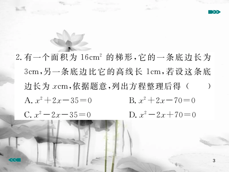 （河南专用）九年级数学上册2.3用公式法求解一元二次方程第2课时利用一元二次方程解决面积问题作业课件（新版）北师大版_第3页
