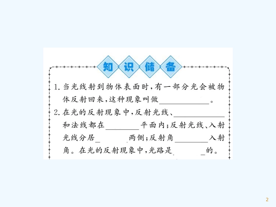 （湖北专用）八年级物理上册 第四章 第2节 光的反射习题优质课件 （新版）新人教版_第2页