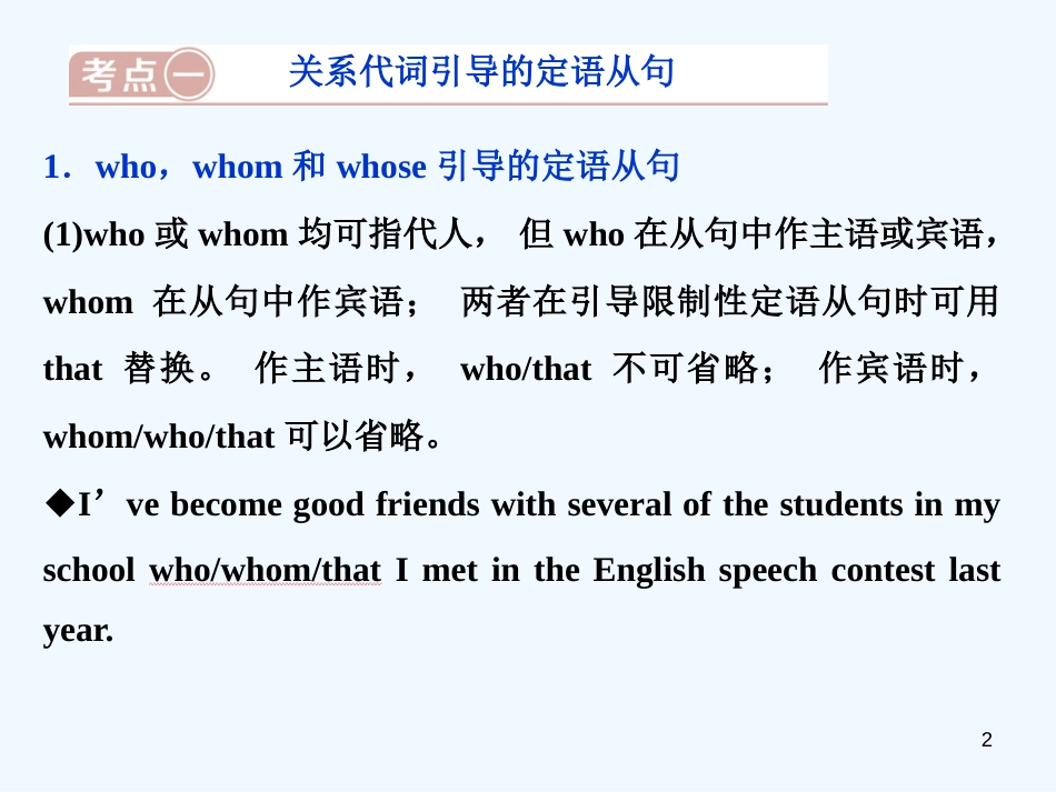（江苏版）2019届高考英语一轮复习 第二部分 语法专项突破 第七讲 定语从句优质课件 牛津译林版_第2页
