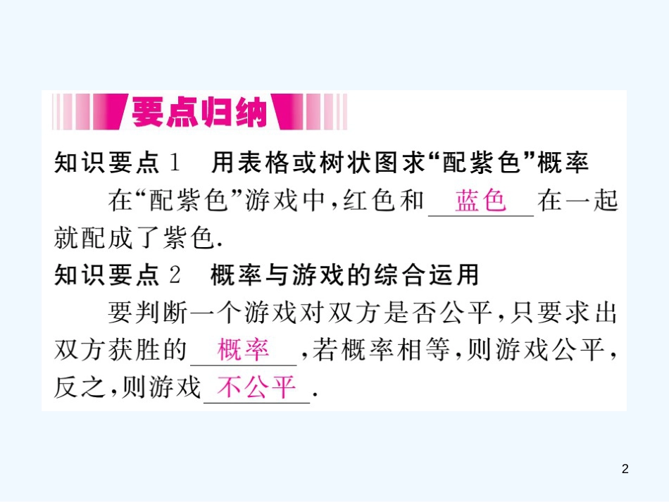 （江西专用）九年级数学上册 3.1 用树状图或表格求概率 第2课时 概率与游戏的综合运用讲练优质课件 （新版）北师大版_第2页