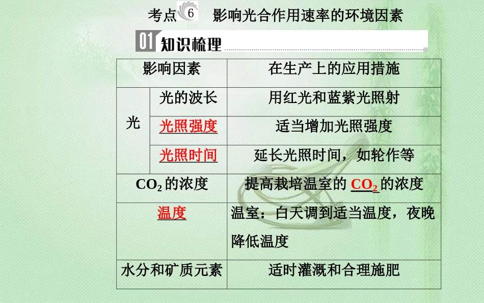 高中生物学业水平复习 专题三 细胞代谢 考点6 影响光合作用速率的环境因素优质课件_第2页
