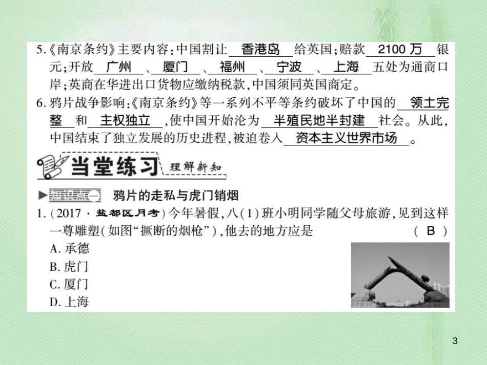 八年级历史上册 第1单元 列强侵华与晚清时期的救亡图存 第1课 鸦片战争习题优质课件 岳麓版_第3页