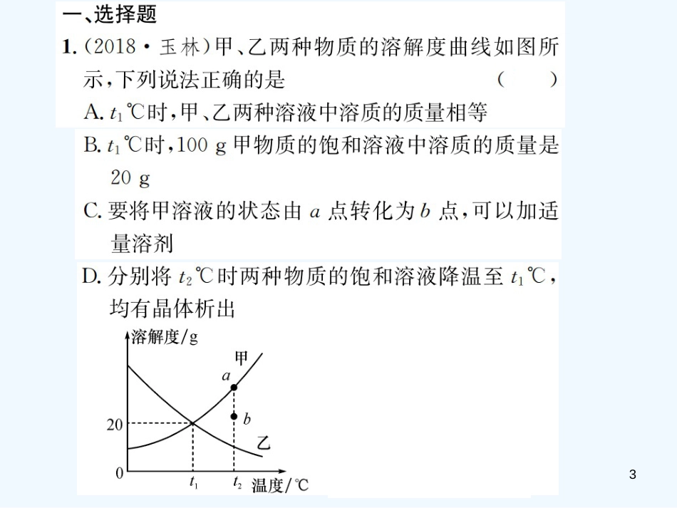 （广西专版）2019年中考化学总复习 滚动小专题（五）溶解度曲线及其应用1优质课件_第3页
