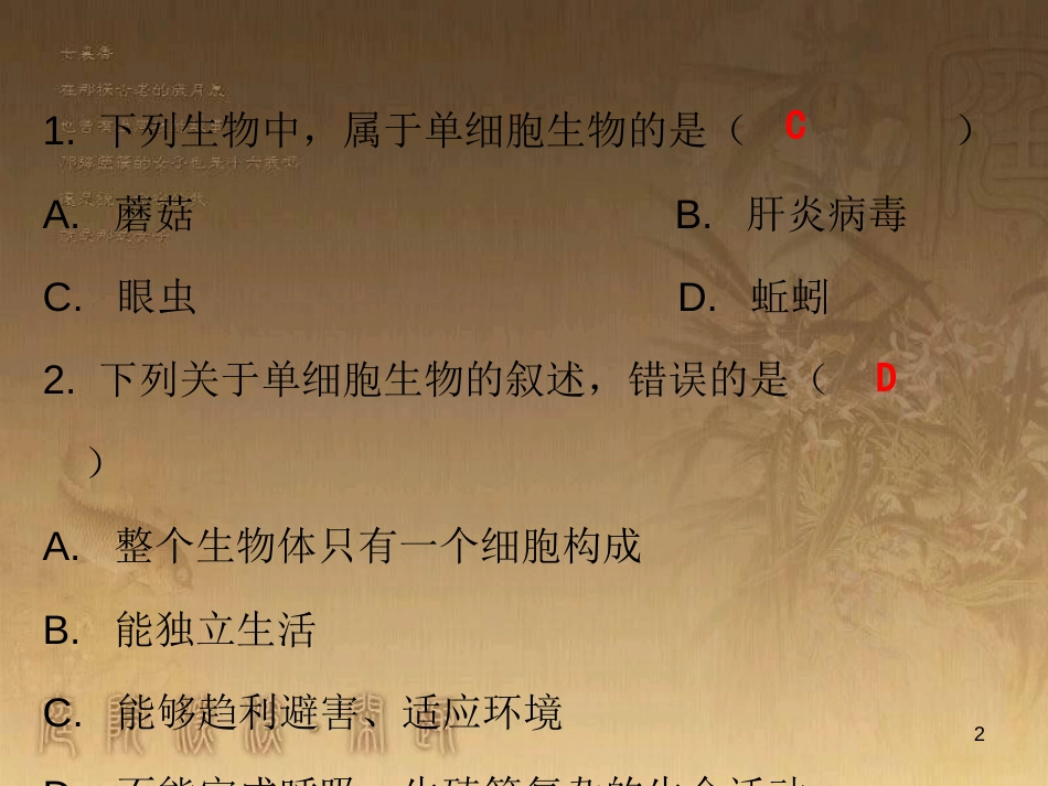 七年级生物上册 第二单元 第二章 第四节 单细胞生物课堂十分钟优质课件 （新版）新人教版_第2页