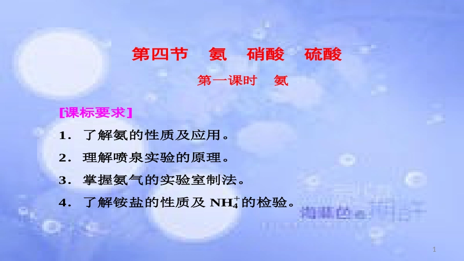 高中化学 第四章 非金属及其化合物 4.4 氨硫酸硝酸3（第1课时）氨课件 新人教版必修1_第1页