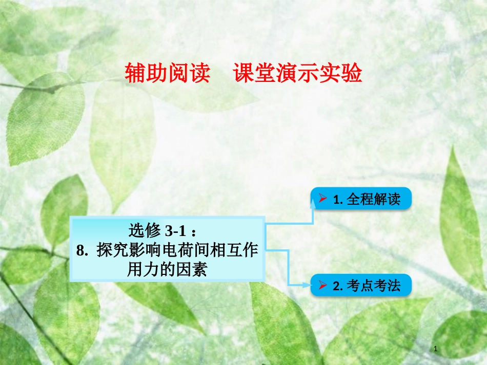 高考物理一轮总复习 实验专题 实验八 探究影响电荷间相互作用力的因素优质课件 鲁科版选修3-1_第1页