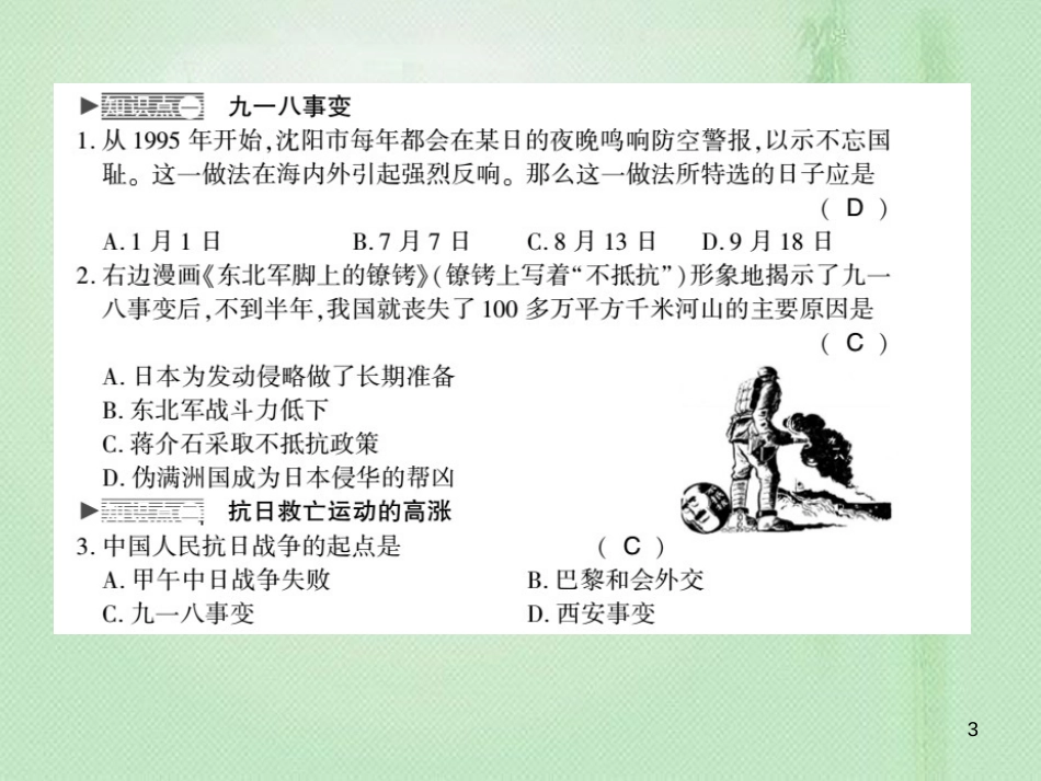 八年级历史上册 第4单元 伟大的抗日战争 第17课“中华民族到了最危险的时候”习题优质课件 岳麓版_第3页