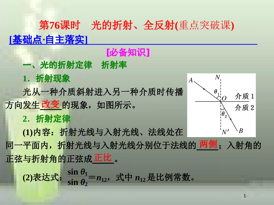 高考物理总复习 第十四章 波与相对论 第76课时 光的折射、全反射（重点突破课）优质课件 选修3-4_第1页