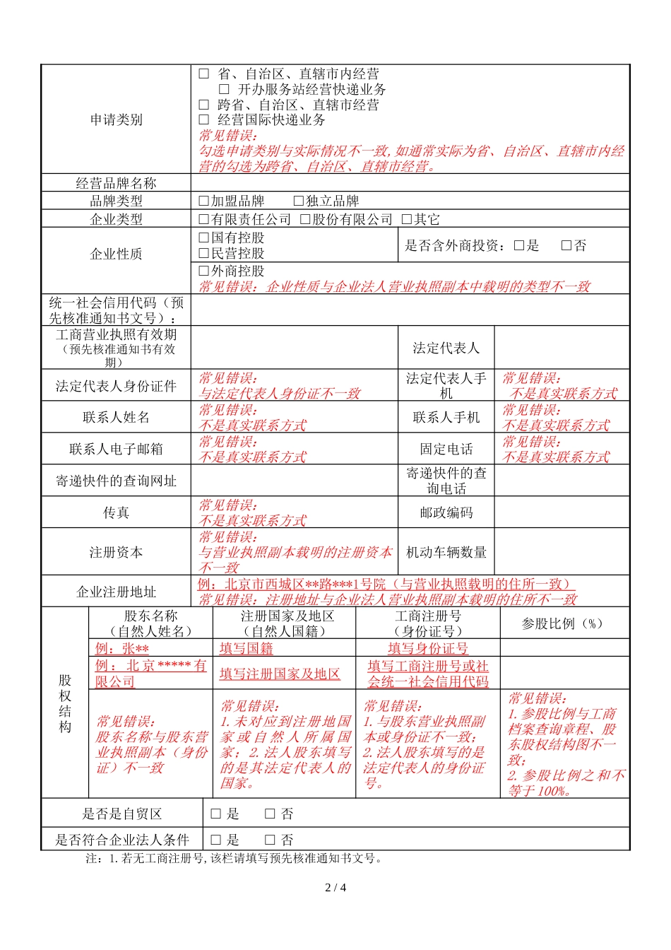 快递业务经营许可申请书示范文本及常见错误示例_第2页