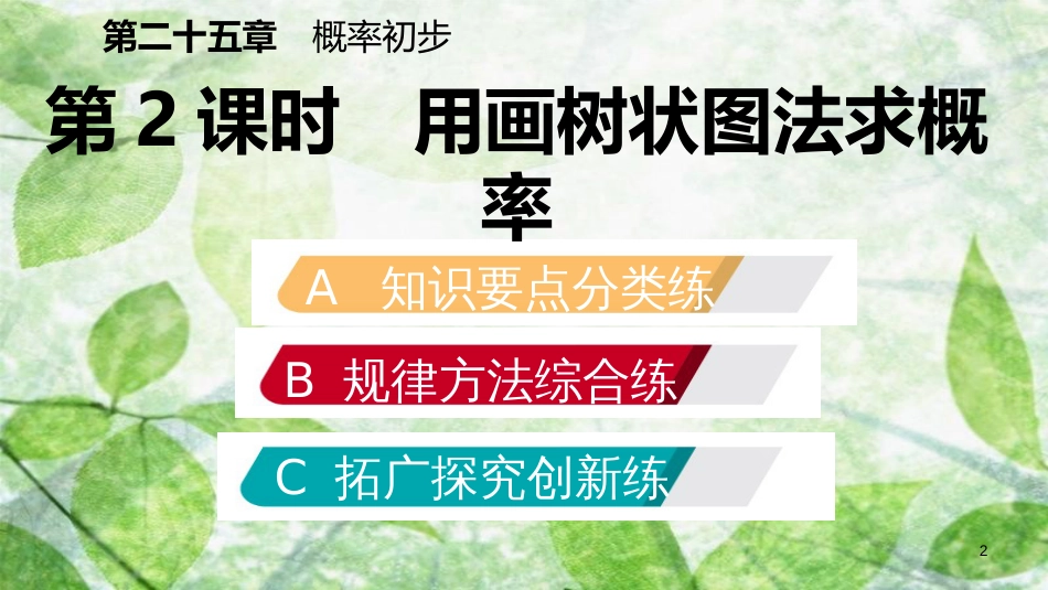 九年级数学上册 第25章 概率初步 25.2 用列举法求概率 25.2.2 用画树状图法求概率（作业本）优质课件 （新版）新人教版_第2页