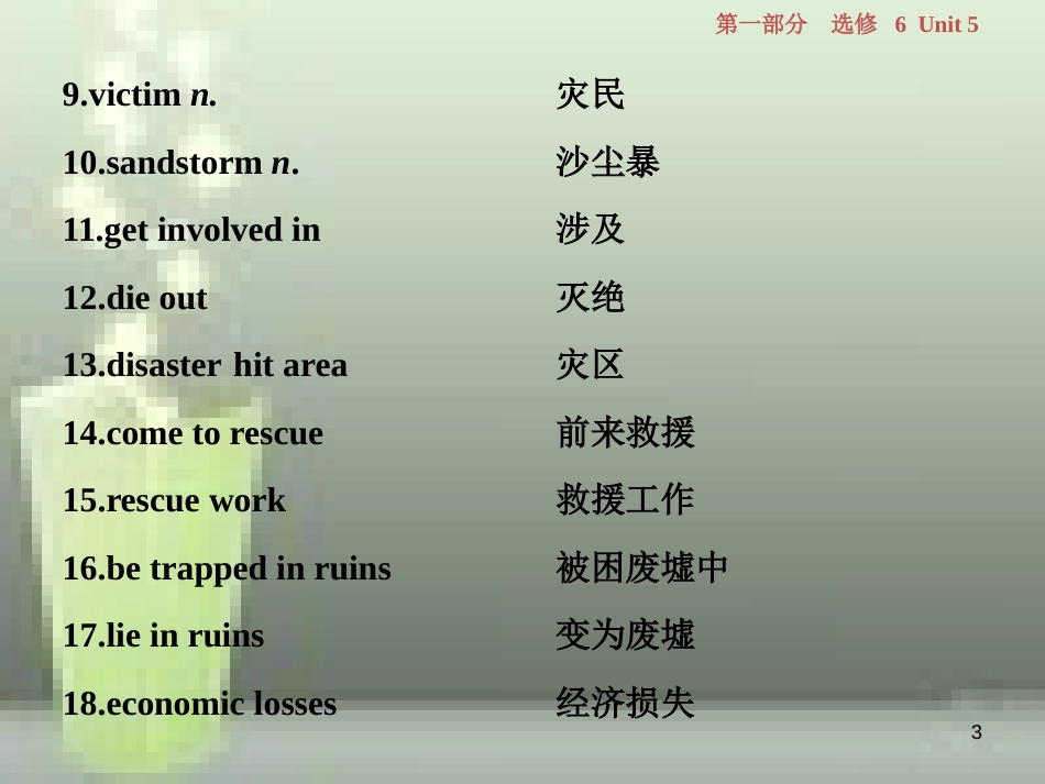 高考英语一轮复习 第一部分 基础考点聚焦 Unit 5 The power of nature优质课件 新人教版选修6_第3页