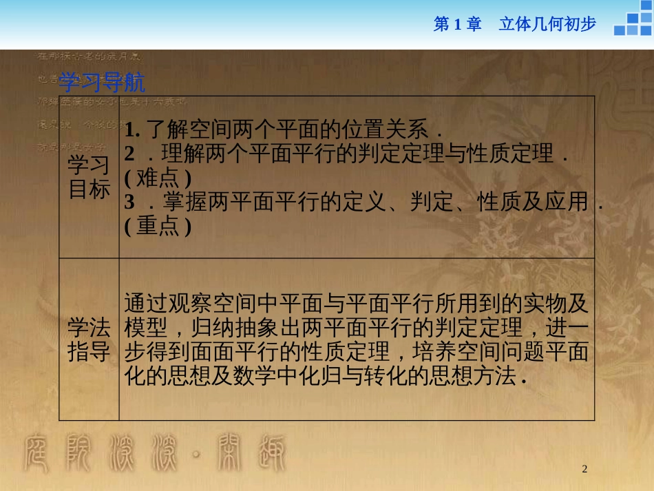 高中数学 第1章 立体几何初步 1.2 点、线、面之间的位置关系 1.2.4 第一课时 两平面平行优质课件 苏教版必修2_第2页