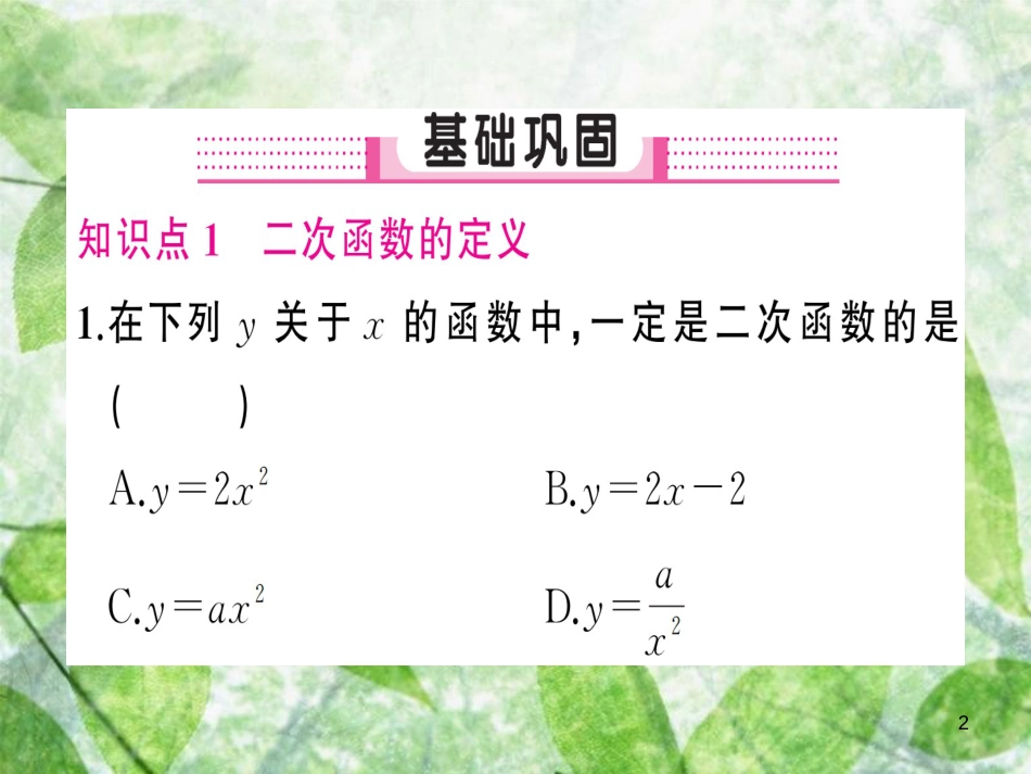 九年级数学上册 第二十二章 二次函数 22.1 二次函数的图象和性质 22.1.1 二次函数习题优质课件 （新版）新人教版_第2页