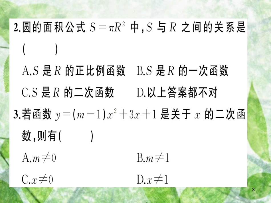 九年级数学上册 第二十二章 二次函数 22.1 二次函数的图象和性质 22.1.1 二次函数习题优质课件 （新版）新人教版_第3页