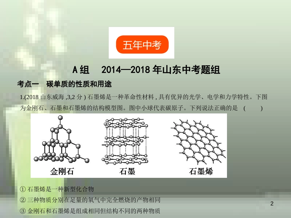 （山东专版）2019年中考化学复习 专题二 碳和碳的氧化物（试卷部分）优质课件_第2页