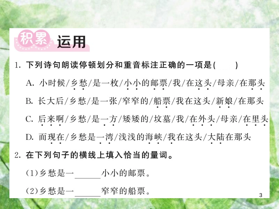 九年级语文上册 第一单元 3 乡愁习题优质课件 新人教版_第3页