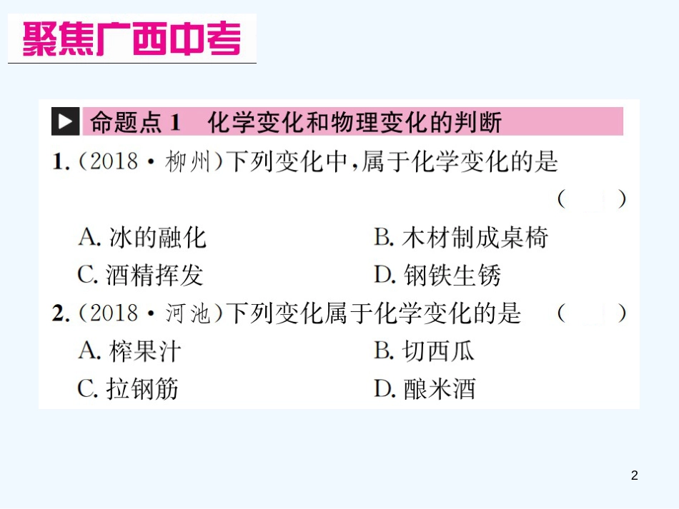 （广西专版）2019年中考化学总复习 教材考点梳理 第1单元 走进化学世界优质课件_第2页