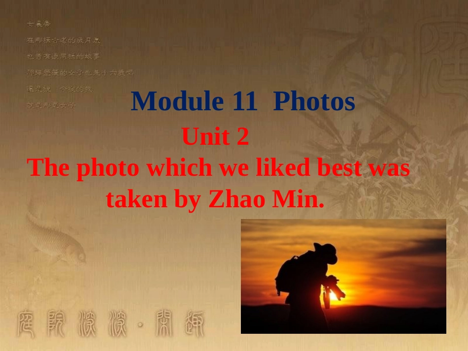 九年级英语上册 Module 11 Photos Unit 2 The photo which we liked best was taken by Zhao Min优质课件 （新版）外研版_第1页