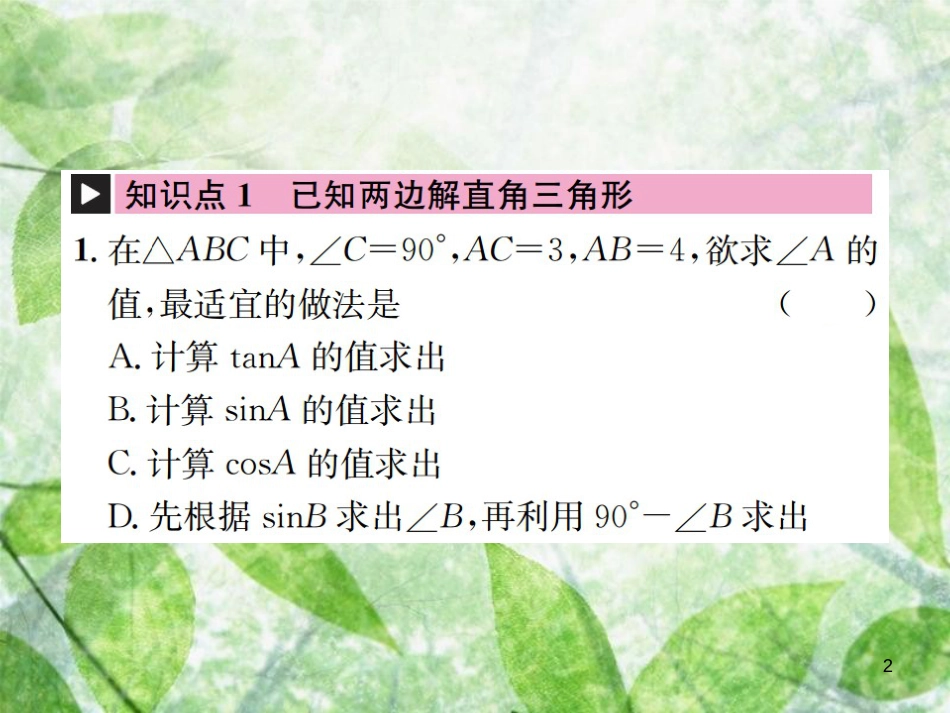 九年级数学下册 第二十八章 锐角三角函数 28.2 解直角三角形及其应用 28.2.1 解直角三角形习题优质课件 （新版）新人教版_第2页